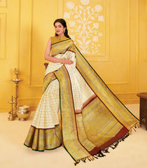 Off White Handloom Golden Pearl Kattam Korvai Silk Saree With Veldari Checks -KA16390