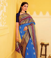 Azure Blue Handloom Mayil Thuttham Korvai Silk Saree With Meena Buttas-KA16398