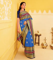 Azure Blue Handloom Mayil Thuttham Korvai Silk Saree With Meena Buttas-KA16398