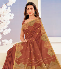 Rustic Brown Handloom Natural Dyed Chrysanthemum Silk Saree With Running Border-KA12627