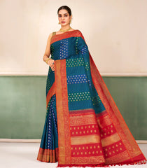 Blue Handloom Korvai Kanchipuram Silk Saree With Stripes & Zari Buttas-KA16437
