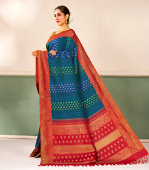 Blue Handloom Korvai Kanchipuram Silk Saree With Stripes & Zari Buttas-KA16437