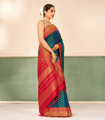 Blue Handloom Korvai Kanchipuram Silk Saree With Stripes & Zari Buttas-KA16437