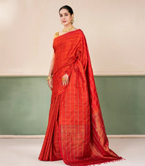 Red Handloom Soft Silk Saree With Floral Zari Checks-SO4730