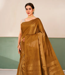 Mustard Handloom Soft Silk Saree With Temple Stripes-SO4721