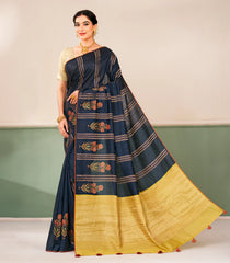 Black Printed Tussar Silk Saree With Dotted Stripes & Floral Motifs-TU3663