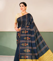 Black Printed Tussar Silk Saree With Dotted Stripes & Floral Motifs-TU3663