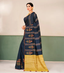 Black Printed Tussar Silk Saree With Dotted Stripes & Floral Motifs-TU3663