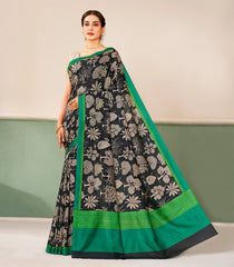 Black Printed Silk Saree With Floral Motifs & Contrast Border-PS0795