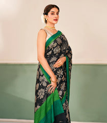 Black Printed Silk Saree With Floral Motifs & Contrast Border-PS0795