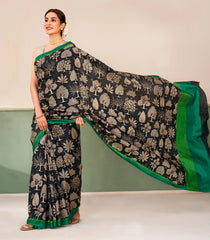 Black Printed Silk Saree With Floral Motifs & Contrast Border-PS0795