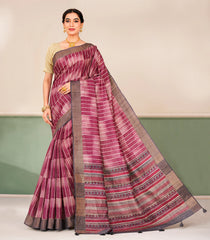 Burgundy Printed Tussar Silk Saree With Contrast Border-TU3691