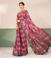 Burgundy Printed Tussar Silk Saree With Contrast Border-TU3691