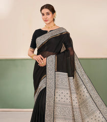 Black Printed Pure Organza Silk Saree With Stripes -KS1058