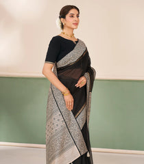 Black Printed Pure Organza Silk Saree With Stripes -KS1058