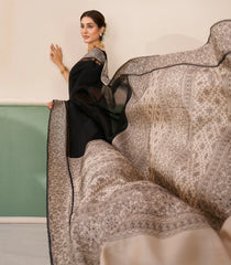 Black Printed Pure Organza Silk Saree With Stripes -KS1058
