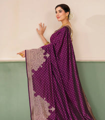 Dark Purple Handloom Banarasi Silk Saree With Floral Motifs-BE1885