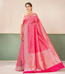 Pink Handloom Banarasi Silk Saree With Geometric Motifs In Chekcs-BE1883