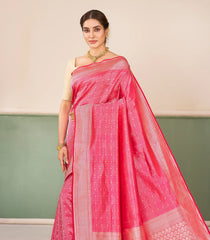 Pink Handloom Banarasi Silk Saree With Geometric Motifs In Chekcs-BE1883