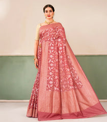 Dusty Peach Handloom Banarasi Cotton Saree With Floral Vine Motifs-BE1881