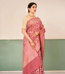 Dusty Peach Handloom Banarasi Cotton Saree With Floral Vine Motifs-BE1881