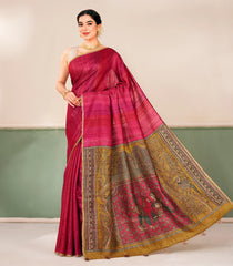 Pink Printed Tussar Silk Saree With Buttas & Printed Pallu-TU3664