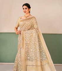 Taupe Handloom Banarasi Organza Silk Saree With Floral Vine Motifs-BE1880
