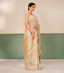 Taupe Handloom Banarasi Organza Silk Saree With Floral Vine Motifs-BE1880