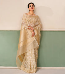 Taupe Handloom Banarasi Organza Silk Saree With Floral Vine Motifs-BE1880