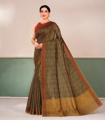 Beige Printed Tussar Silk Saree With Floral Motifs-TU3665