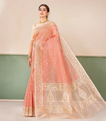 Peach Handloom Banarasi Organza Silk Saree With Floral Vine Motifs-BE1884