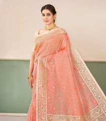 Peach Handloom Banarasi Organza Silk Saree With Floral Vine Motifs-BE1884