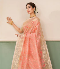 Peach Handloom Banarasi Organza Silk Saree With Floral Vine Motifs-BE1884