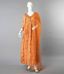 Orange Floral Printed Alia Cut Kurti With A Matching Dupatta-Orange