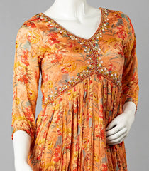 Orange Floral Printed Alia Cut Kurti With A Matching Dupatta-Orange