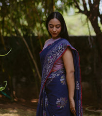 Blue Handwoven Benarasi "Neelambari" Jamdhani Saree With Floral Vine Motifs & Corner Pailsey Butta-Blue