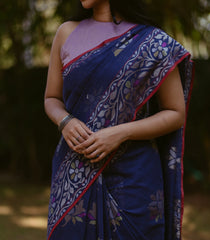 Blue Handwoven Benarasi "Neelambari" Jamdhani Saree With Floral Vine Motifs & Corner Pailsey Butta-Blue