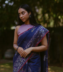 Blue Handwoven Benarasi "Neelambari" Jamdhani Saree With Floral Vine Motifs & Corner Pailsey Butta-Blue