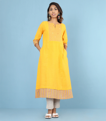 Embroidered Yellow Cotton Kurta-Yellow-XS