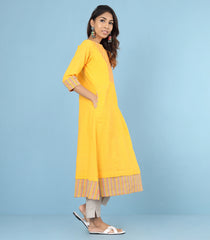 Embroidered Yellow Cotton Kurta-Yellow-XS