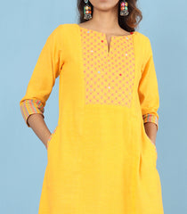 Embroidered Yellow Cotton Kurta-Yellow-XS