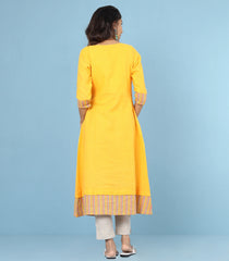 Embroidered Yellow Cotton Kurta-Yellow-XS