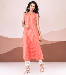 Peach Striped Cotton Kurta-Peach-S