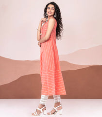 Peach Striped Cotton Kurta-Peach-S