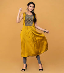 Mustard and Grey Satin Kurta -Mustard-S