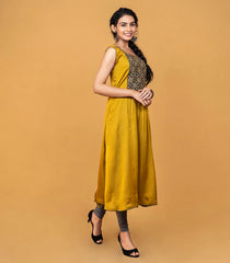 Mustard and Grey Satin Kurta -Mustard-S