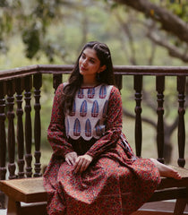 Brown printed cotton kurti with off white jacket