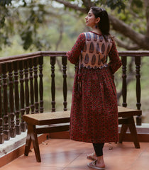 Brown printed cotton kurti with off white jacket