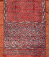 Rust Handloom Tussar Silk Saree With Printed Floral Motifs-Rust