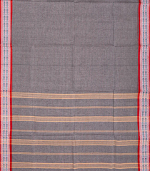 Dark Grey Bengal Cotton Saree With Stripes & Red Border-Dark Grey